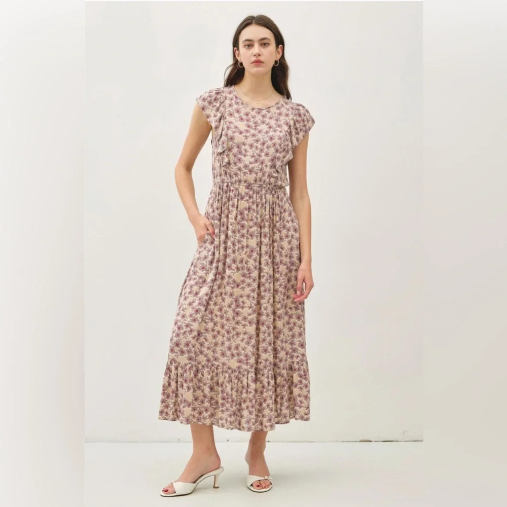 NWT Floral Ruffle‎ Sleeve Midi Dress Women’s Size Small